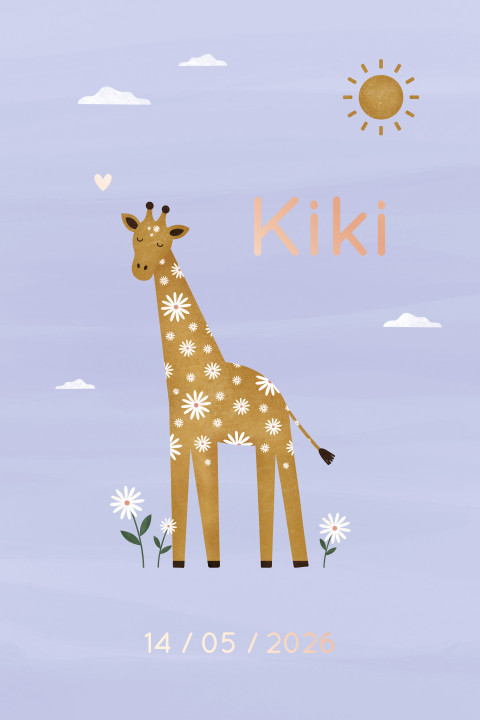 geboortekaartje Kiki met bloemen giraf en roségoudfolie